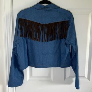 NWT 19 Cooper Chambray Cropped Button Down Shirt Brown Western cowboy